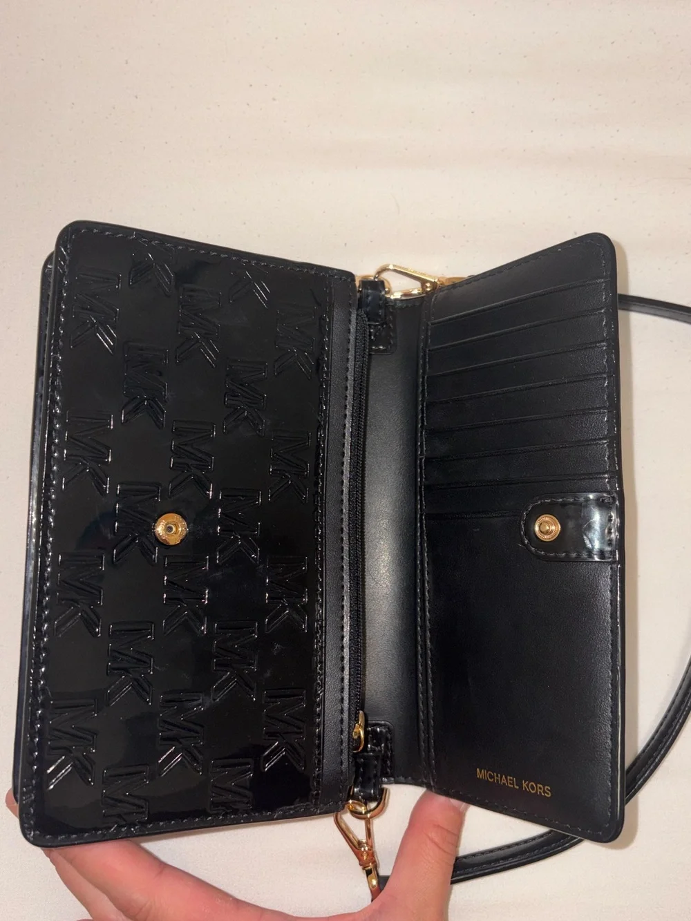 Michael Kors Black Patent Embossed MK Crossbody Wallet with Gold Hardware